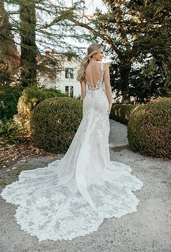 sexy floral lace fit and flare with open back and shaped train - 7941 by Stella York