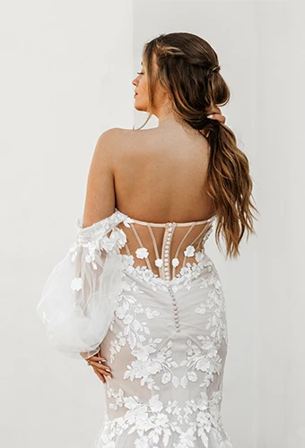 floral lace fit and flare wedding dress with transparent back - D4038 by Essense of Australia