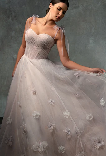 light pink a-line wedding dress with tie straps and 3D flower appliques - D4320 by Essense of Australia