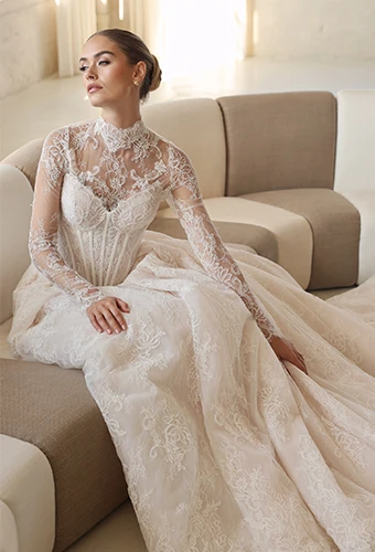 lace ballgown with floral long sleeves and bodice - LE1384 by Martina Liana Luxe