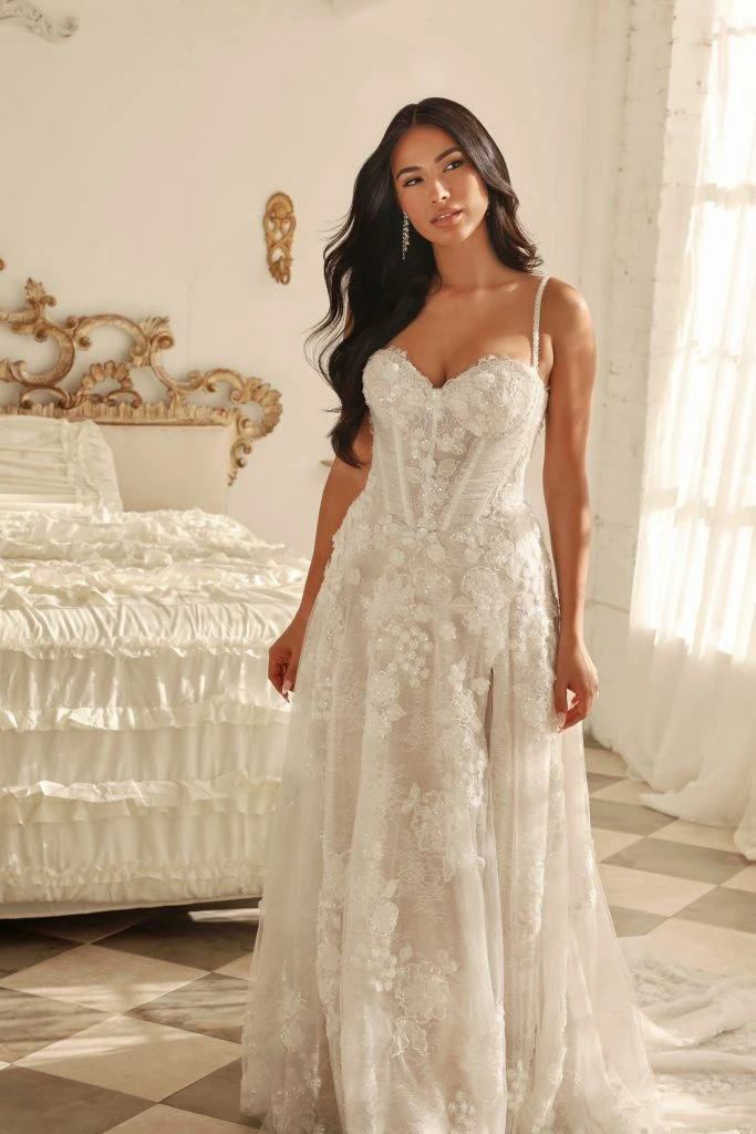 Bride wearing a lace floral a-line wedding dress