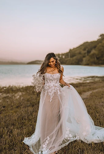 boho floral a-line wedding dress with taupe underlay - north by All Who Wander