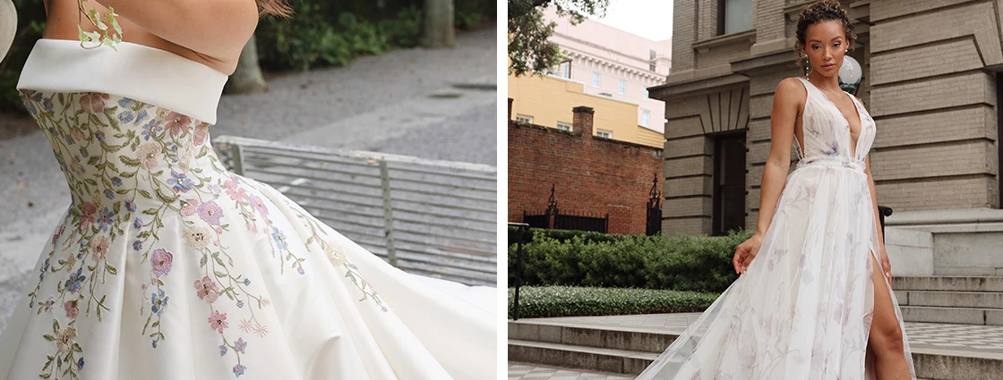 Left image is a close up of a colorful embroidered lace wedding dress. The RIght image is a bride wearing a colorful floral wedding dress.