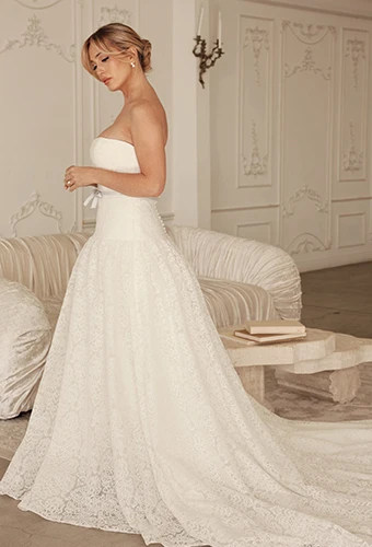 Bride wearing strapless A-line wedding dress