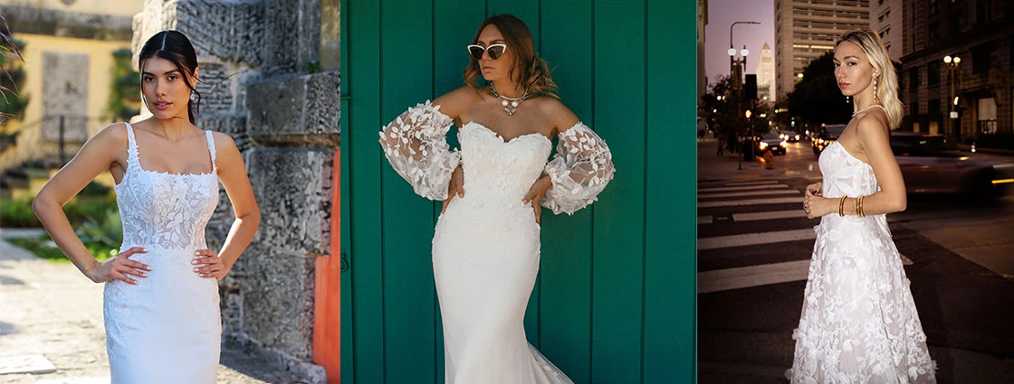 Three Brides wearing floral wedding dresses