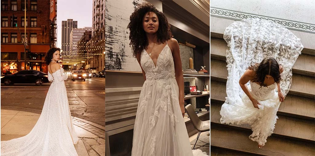 Three brides wearing lace boho wedding dresses