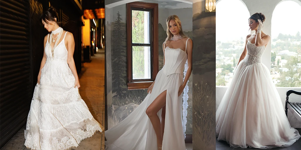 Three brides wearing boho wedding dresses