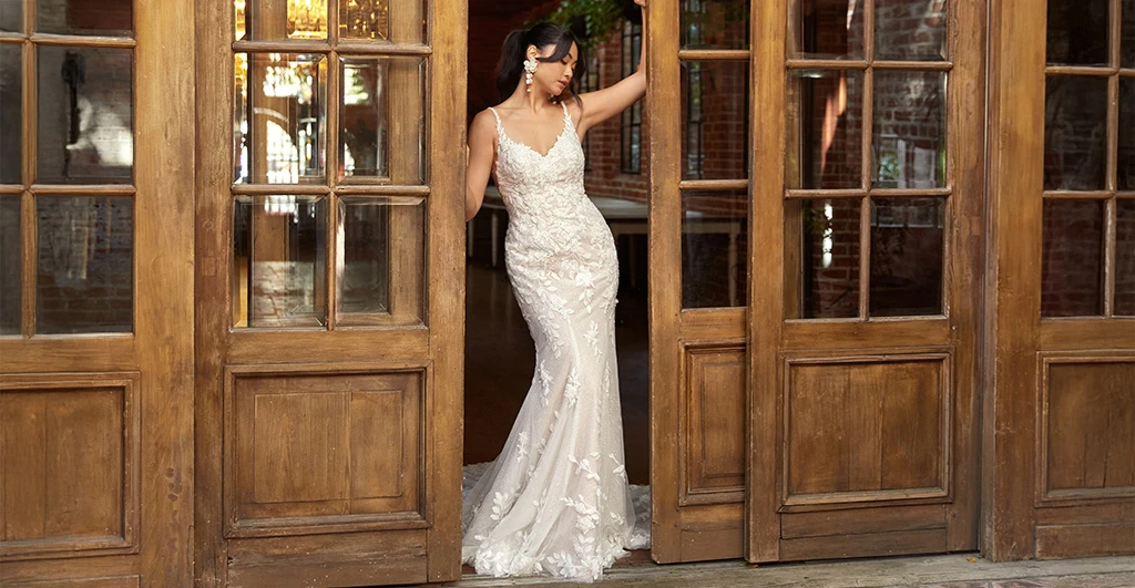 Bride wearing lace fit-and-flare wedding dress standing in doorway.