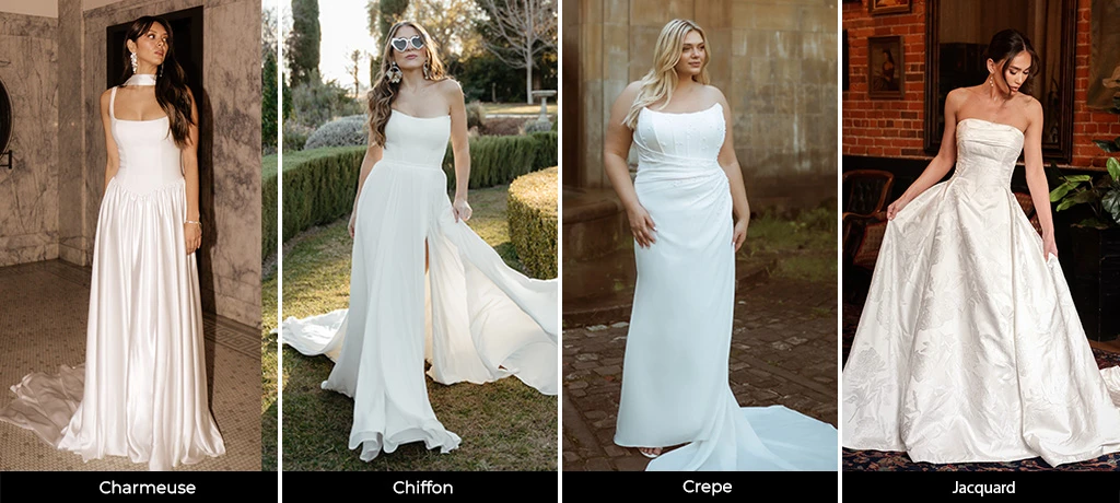 Brides wearing wedding dresses with charmeuse, chiffon, crepe and jacquard fabrics