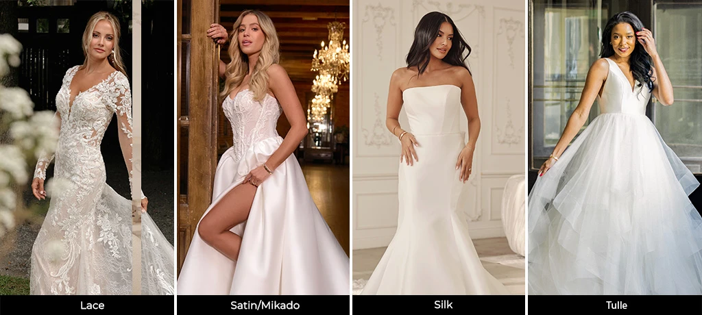 Brides wearing wedding dresses with lace, satin/mikado, silk and tulle fabrics