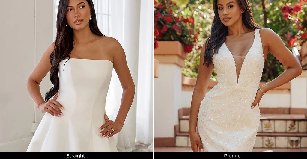 Two brides wearing wedding dresses with straight neckline and plunging neckline