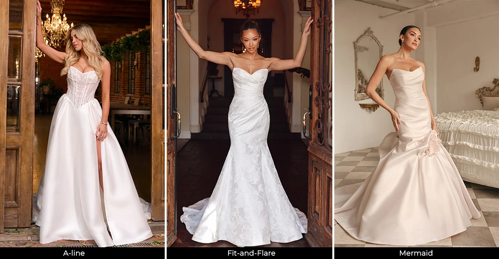 Three brides wearing an a-line, fit-and-flare and mermaid wedding dresses