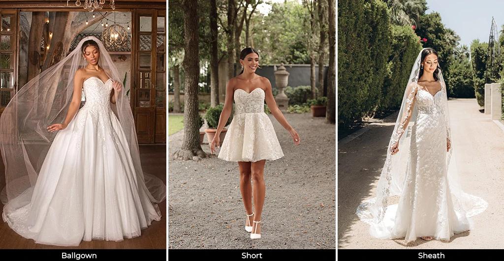 Three brides wearing ballgown, short and sheath wedding dresses 