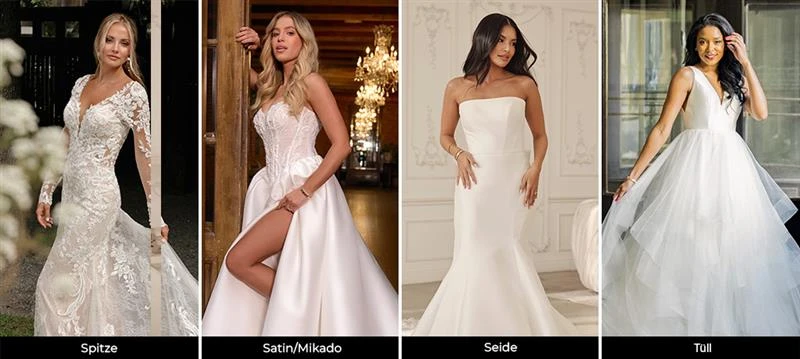 Brides wearing wedding dresses with lace, satin/mikado, silk and tulle fabrics