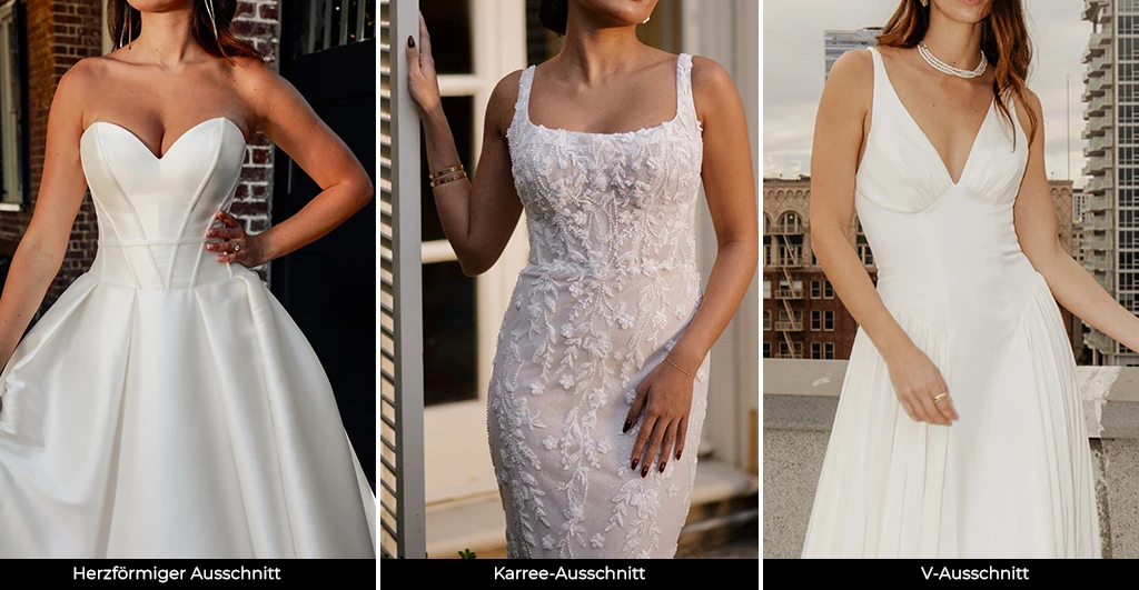 Brides wearing wedding dresses with sweetheart neckline, straight neckline and v-neckline