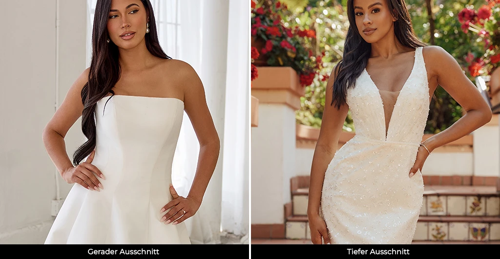 Two brides wearing wedding dresses with straight neckline and plunging neckline