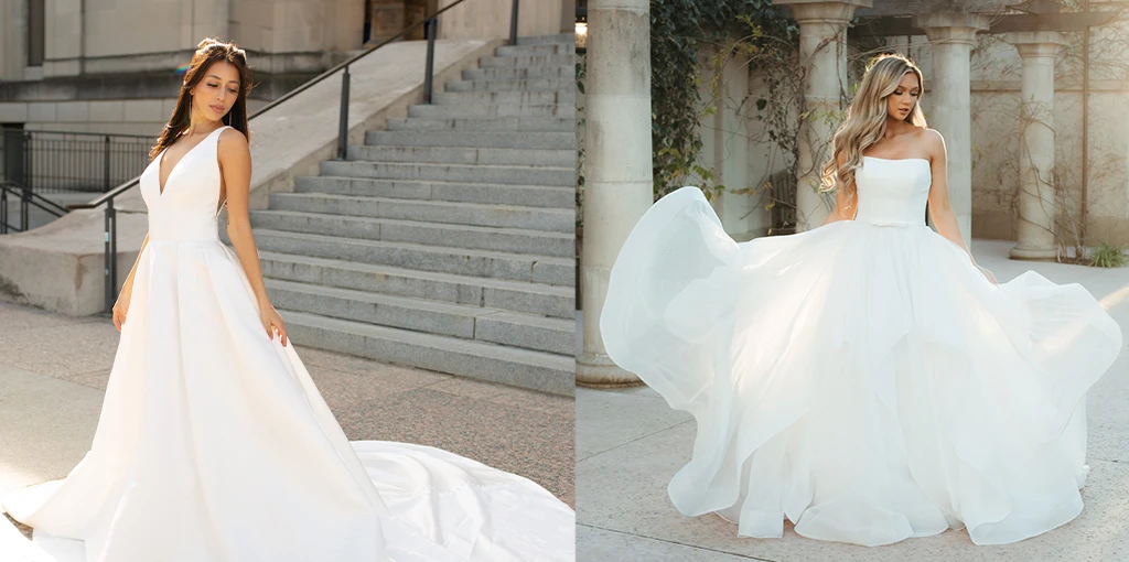 Two brides wearing affordable wedding gowns