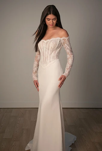 Bride wearing lace column wedding dress with lace off-the-shoulder wedding dress