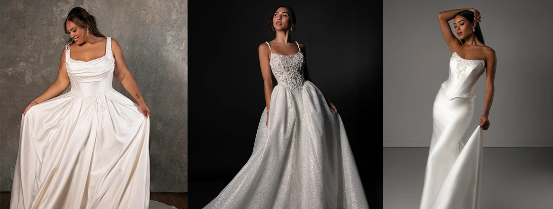 Three brides wearing beaded wedding dresses