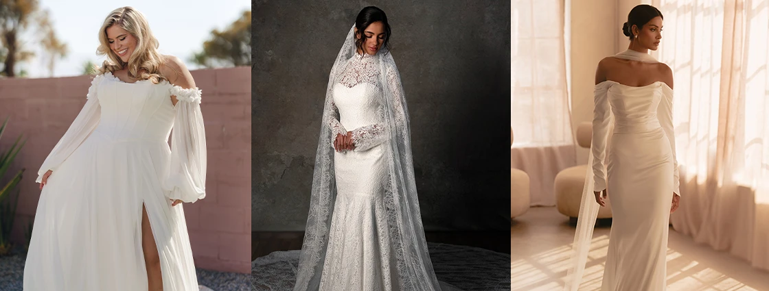 Three brides wearing long sleeve wedding dresses