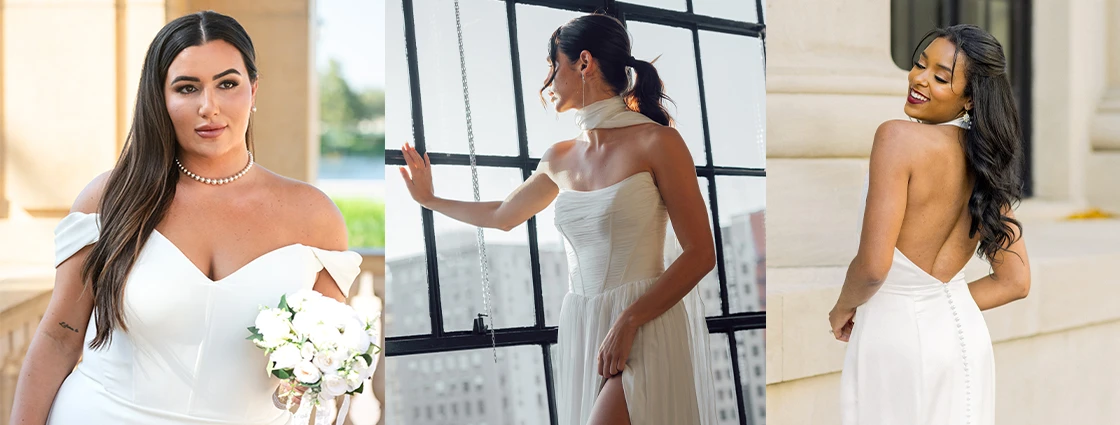 Three brides wearing simple wedding dresses