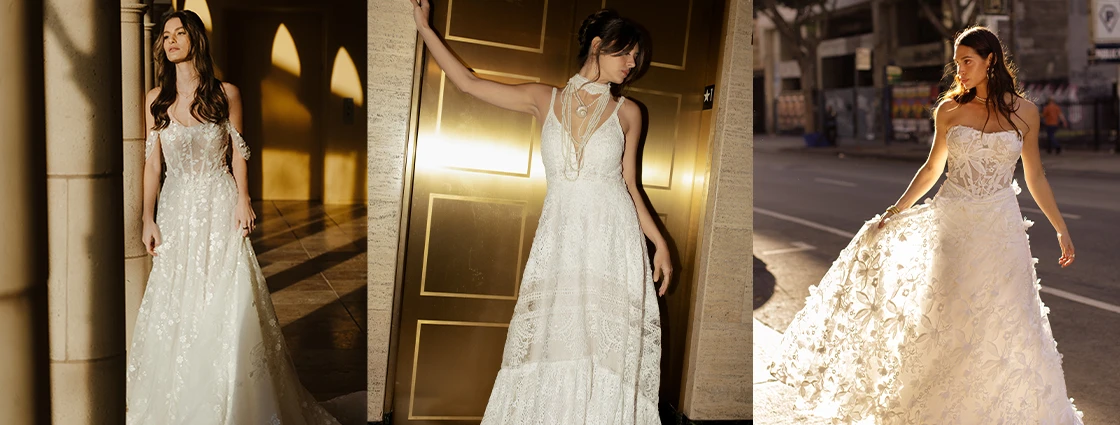 Three brides wearing boho wedding dresses