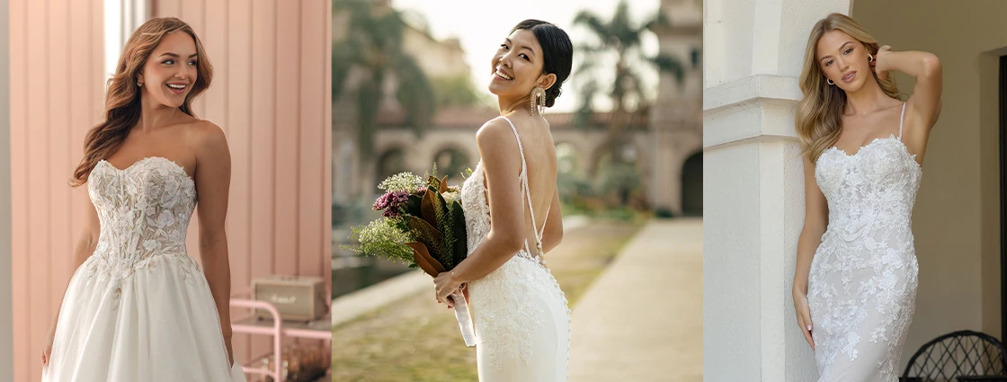 Three brides wearing petite wedding dresses