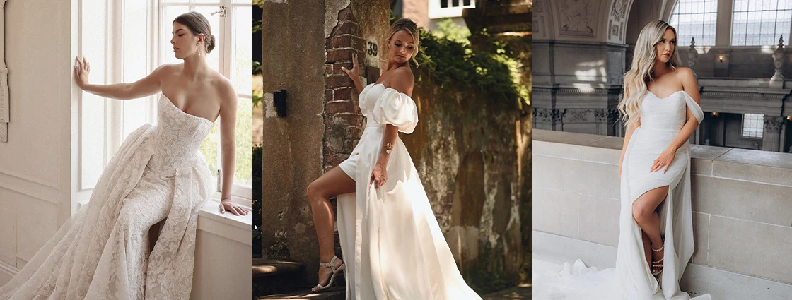 Three brides wearing wedding dresses with overskirts