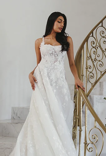 floral lace and tulle a-line wedding dress with square neckline - 1749 by Martina Liana