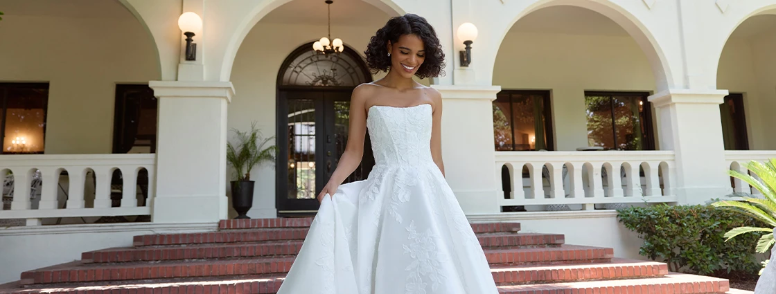 Bride wearing strapless wedding gown