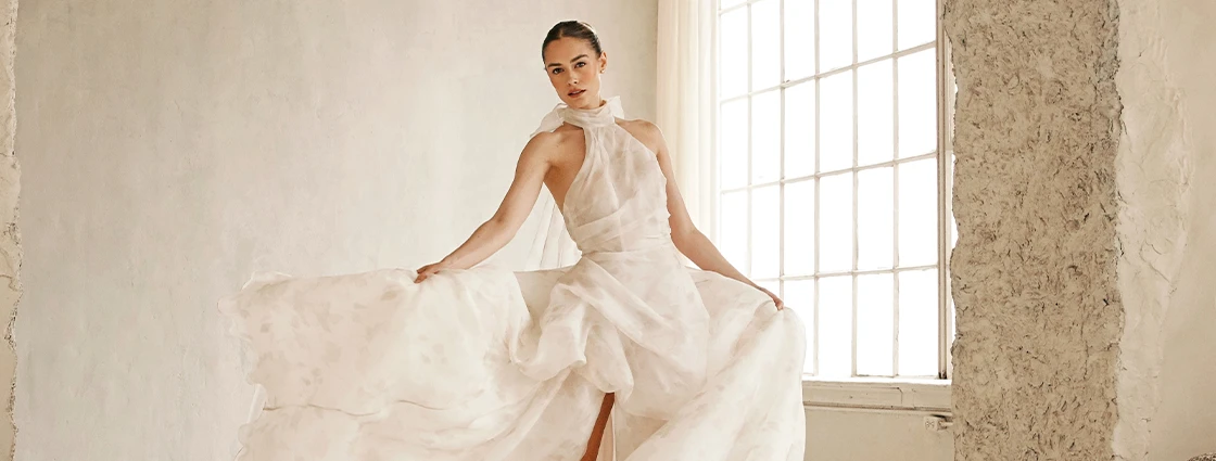 Bride wearing halter neckline wedding dress