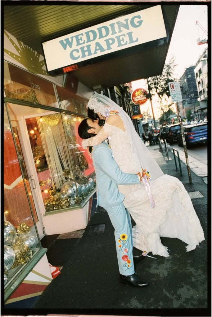 True bride Hannah embracing her husband