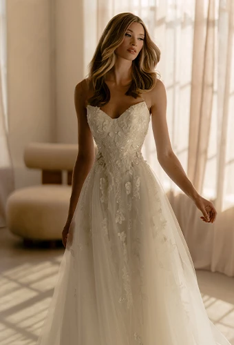 Bride wearing sparkling lace wedding dress with sweetheart neckline