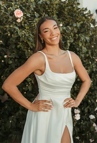 Bride wearing simple wedding dress with square neckline