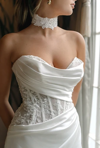 Bride wearing column wedding dress with sweetheart neckline and lace detailing