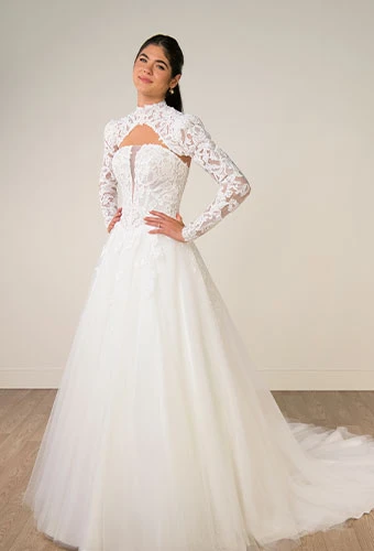 Bride wearing a-line wedding dress with lace long sleeves