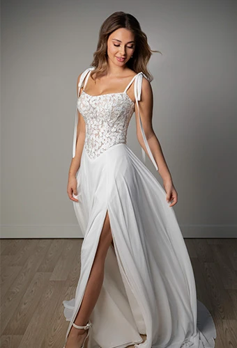 Bride wearing lace and chiffon a-line wedding dress with straps