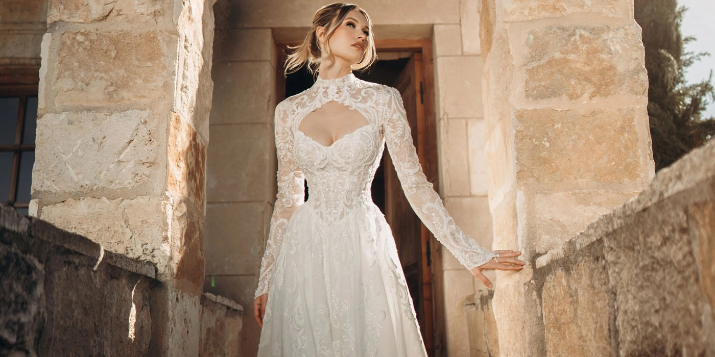 cheap wedding dresses long sleeve BABARONI BABARONI Satin Ivory Wedding Dresses A-line Deep V-Neck Long Sleeve Lace Sash Sweep Train, Ivory / US0