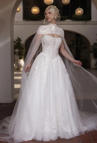 Bride wearing Essense of Australia style D4553, a ballgown with strapless bodice and high-neck cape