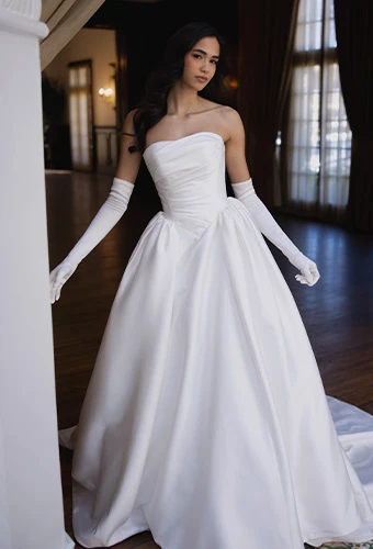 Bride wearing Essense of Australia style D4602, a mikado strapless ballgown with basque waist