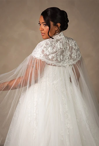 lace a-line wedding dress with detachable lace cape by Essense of Australia - D4553+