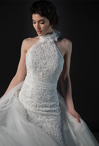 halter lace column wedding dress with overskirt by Martina Liana - ML2050