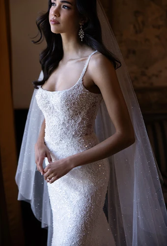 Bride wearing lace sheath wedding dress with square neckline and beaded spaghetti straps