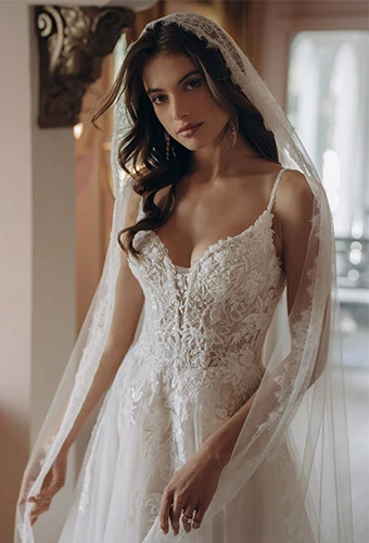 Bride wearing lace wedding dress with thin spaghetti straps