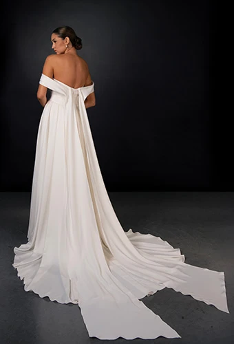 Bride wearing satin a-line wedding dress with detachable off-the-shoulder train, Martina Liana ML2066