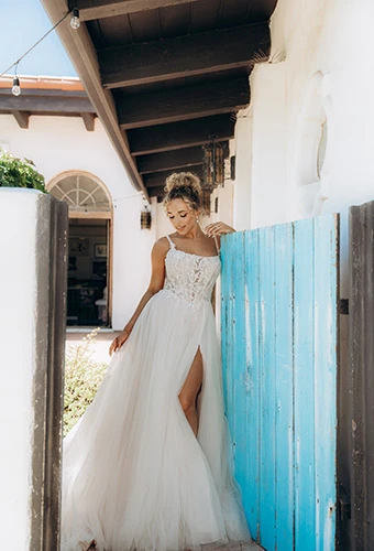 Bride wearing sparkle tulle A-line wedding dress, Stella York SY8042