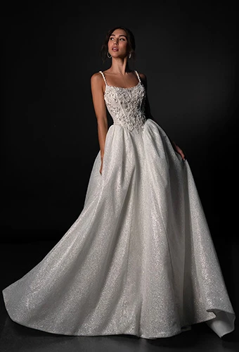 Bride wearing glittering lace and tulle ballgown with crystal embroidered drop waist bodice, Martina Liana ML1980