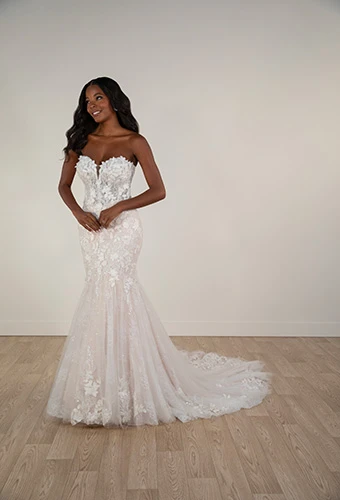 Bride wearing sparkly lace and tulle fit-and-flare wedding dress with 3D florals, Stella York SY7924