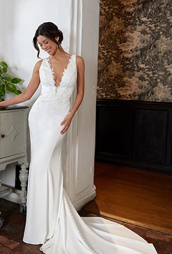 Bride wearing crepe fit-and-flare wedding dress with illusion lace, Essense of Australia D4155