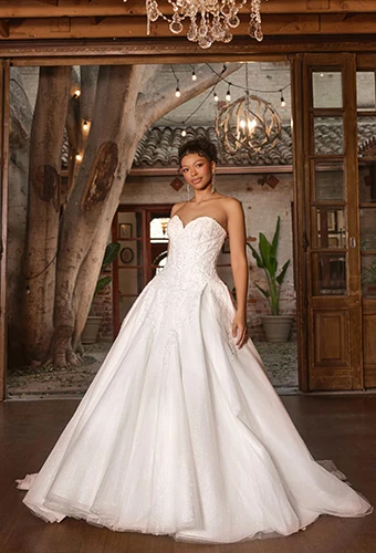 Bride wearing sweetheart sparkling tulle ballgown with structured embroidered bodice, Essense of Australia D4331